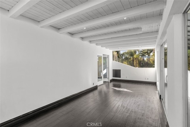 interior space featuring beam ceiling, dark wood-type flooring, and wooden ceiling