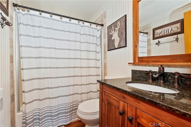 full bathroom with toilet, vanity, bathing tub / shower combination, and crown molding