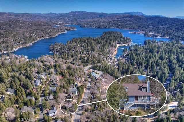 bird's eye view featuring a water and mountain view