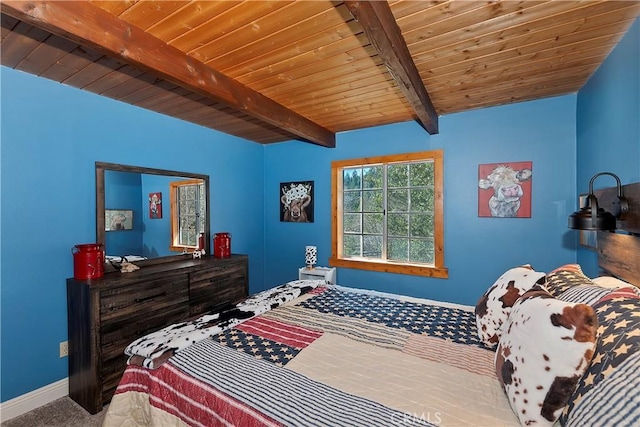 bedroom with wooden ceiling and beamed ceiling