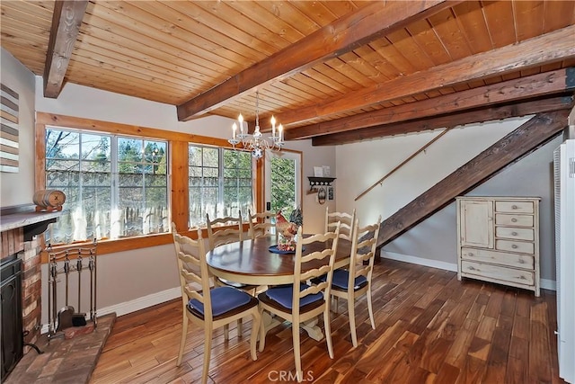 dining area with dark wood-type flooring, a notable chandelier, a brick fireplace, beam ceiling, and wooden ceiling