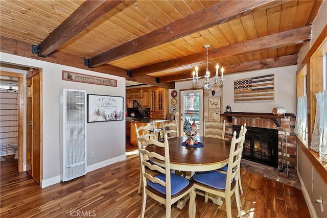 dining area featuring a chandelier, wood ceiling, beam ceiling, dark hardwood / wood-style flooring, and a fireplace