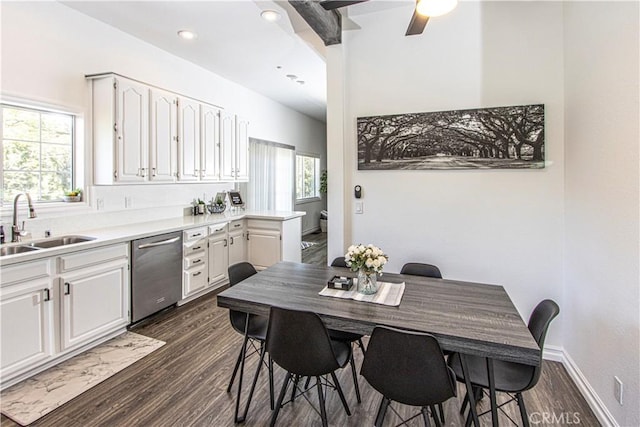 kitchen featuring white cabinets, dark hardwood / wood-style floors, stainless steel dishwasher, and sink