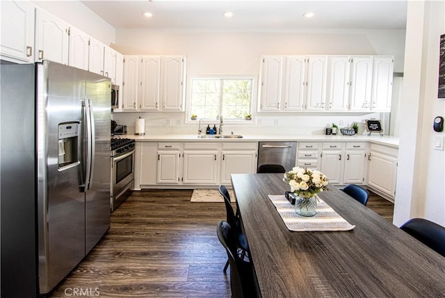 kitchen featuring white cabinets, stainless steel appliances, dark hardwood / wood-style floors, and sink