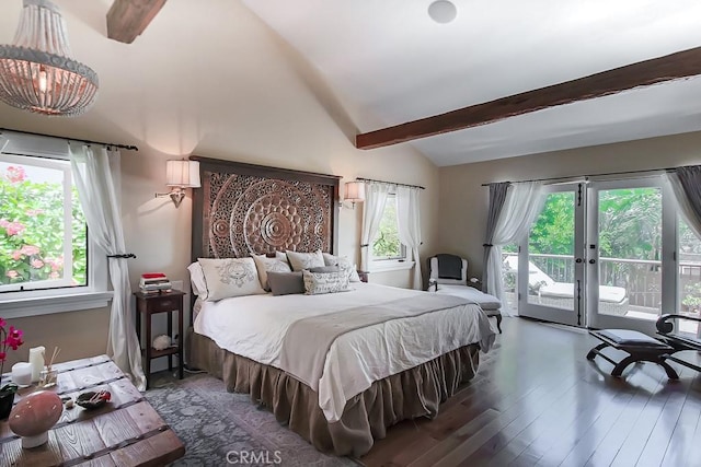 bedroom with dark hardwood / wood-style flooring, lofted ceiling with beams, and access to outside