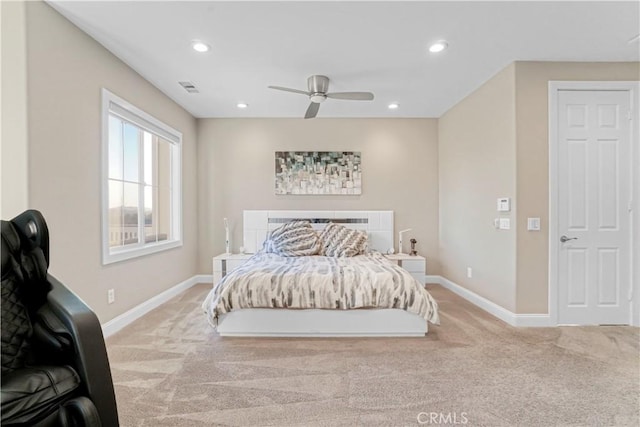 bedroom featuring recessed lighting, carpet flooring, ceiling fan, visible vents, and baseboards