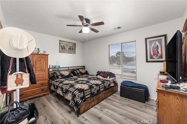 bedroom featuring ceiling fan and light wood-type flooring