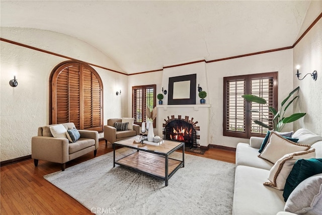 living room featuring wood-type flooring and vaulted ceiling