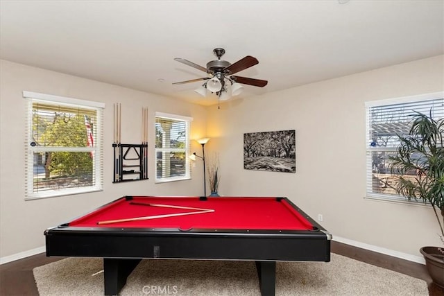 game room with hardwood / wood-style floors, ceiling fan, and pool table