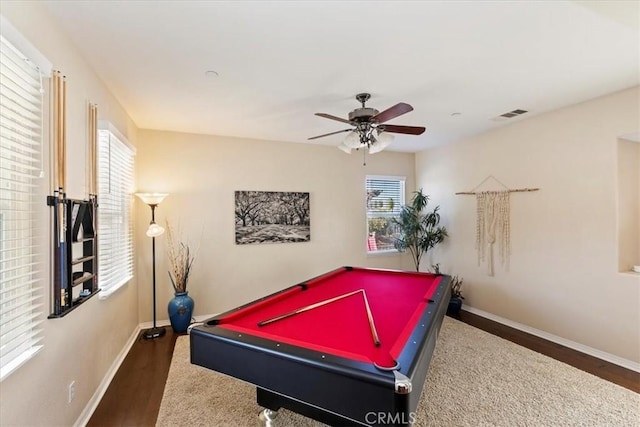 playroom with dark hardwood / wood-style floors, ceiling fan, and billiards