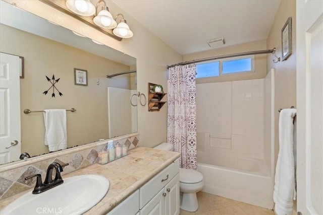 full bathroom with tile patterned flooring, vanity, toilet, and shower / bathtub combination with curtain