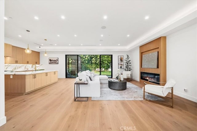 living room with a large fireplace, sink, and light hardwood / wood-style flooring