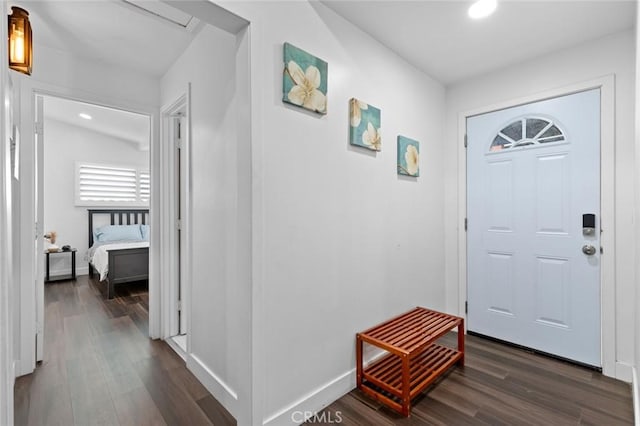 entryway with dark wood-type flooring