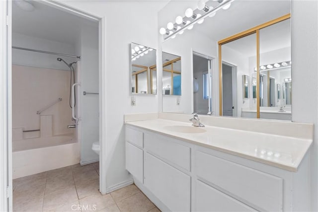 full bathroom featuring shower / bathing tub combination, tile patterned floors, vanity, and toilet