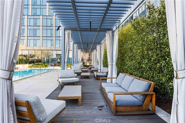 view of patio / terrace featuring outdoor lounge area and a pergola