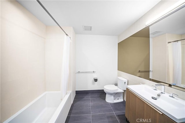 full bathroom featuring vanity, shower / tub combo, and toilet