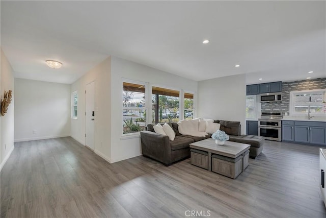 living room with sink and light hardwood / wood-style flooring