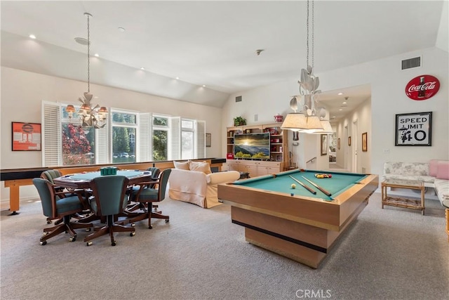 playroom with carpet flooring, a chandelier, and billiards