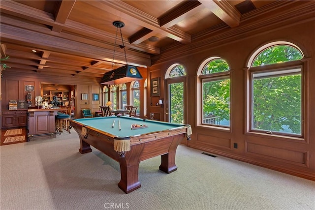 playroom with wooden ceiling, billiards, bar area, light carpet, and ornamental molding