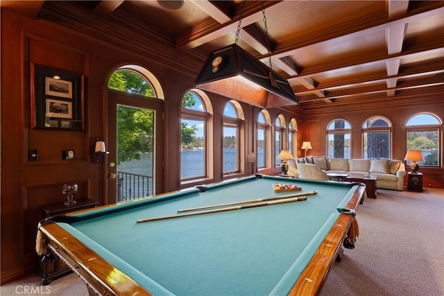 playroom featuring light colored carpet, billiards, crown molding, and a water view