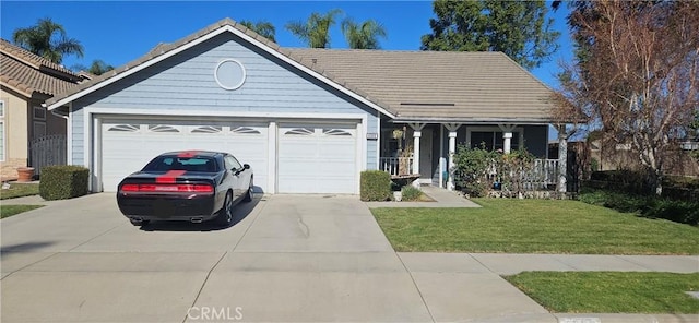 ranch-style home with a front yard, a garage, and a porch