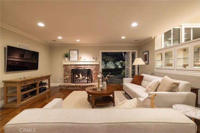 living room featuring ornamental molding, dark wood-type flooring, and a fireplace