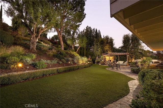 yard at dusk with a patio area