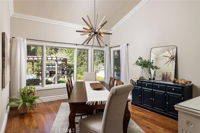 dining space featuring a healthy amount of sunlight, an inviting chandelier, and dark hardwood / wood-style flooring