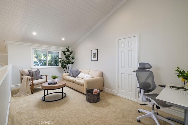 carpeted living room with wood ceiling, vaulted ceiling, and crown molding