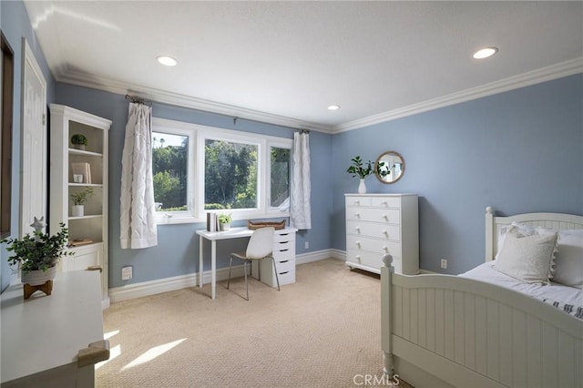 carpeted bedroom with ornamental molding