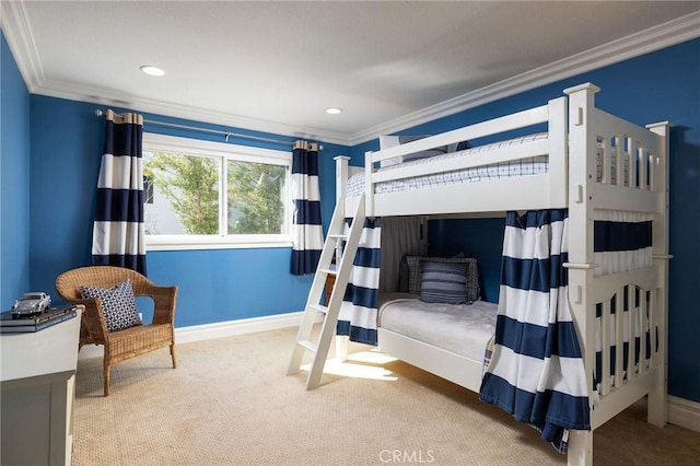 bedroom featuring carpet flooring and crown molding