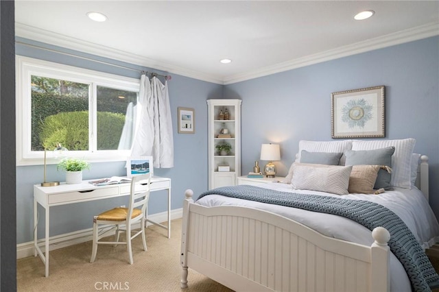 carpeted bedroom with ornamental molding