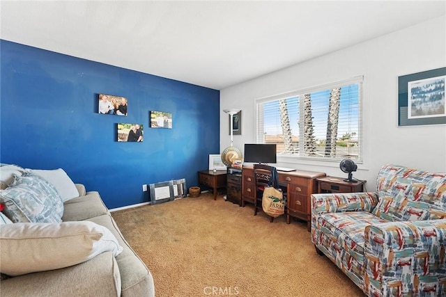 home office with light colored carpet