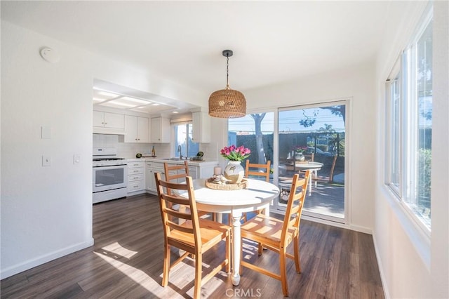 dining area with dark wood-type flooring and sink