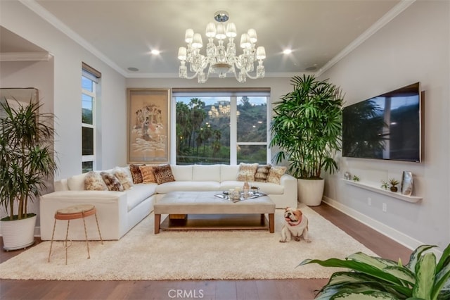 living room with ornamental molding, a healthy amount of sunlight, hardwood / wood-style floors, and an inviting chandelier