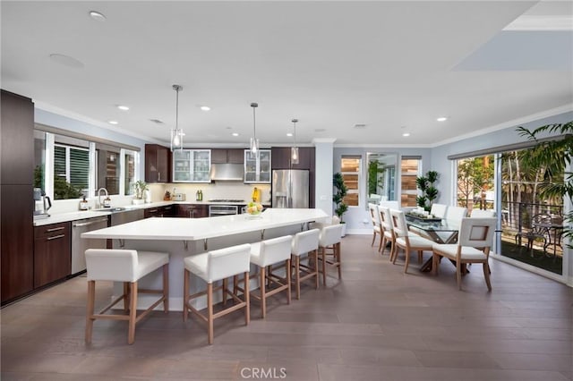 kitchen with ornamental molding, dark brown cabinetry, a spacious island, and appliances with stainless steel finishes