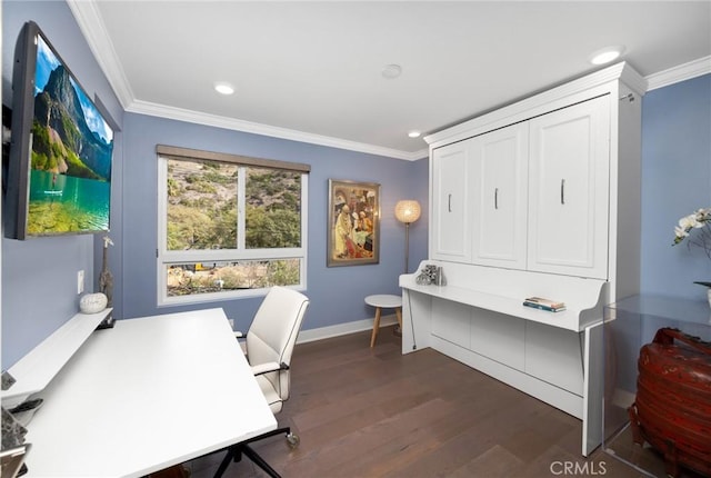 office area featuring ornamental molding and dark hardwood / wood-style flooring