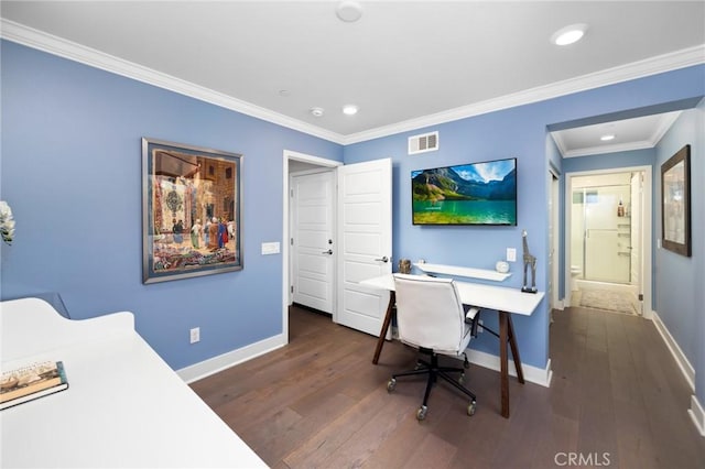 office with ornamental molding and dark wood-type flooring