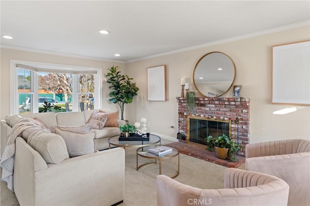 living room with a brick fireplace and ornamental molding