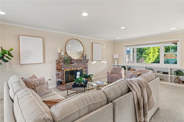 carpeted living room with a fireplace and crown molding