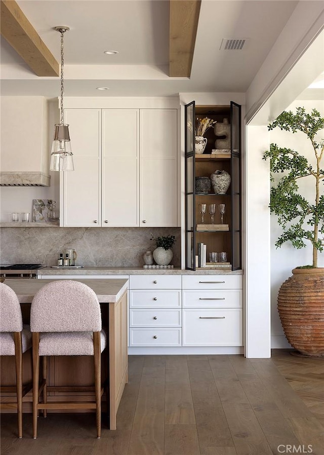 702 Saint James Pl, Newport Beach, CA 92663 - kitchen with open shelves, light countertops, backsplash, white cabinets, and recessed lighting