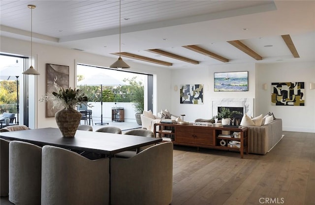 702 Saint James Pl, Newport Beach, CA 92663 - living room featuring wood-type flooring, a tray ceiling, a premium fireplace, and beam ceiling