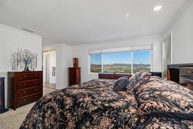 bedroom featuring light carpet, a closet, and crown molding