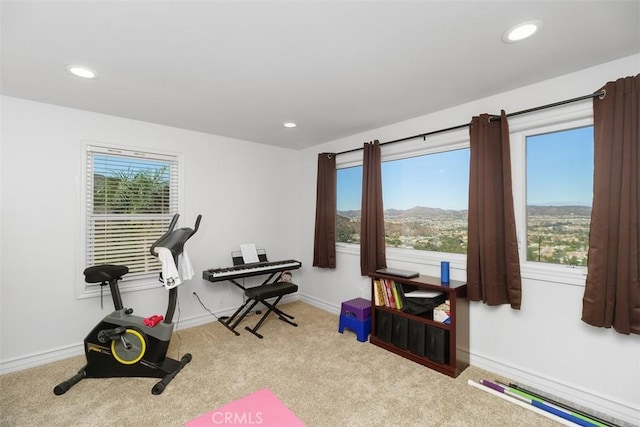 workout area featuring a mountain view and light colored carpet