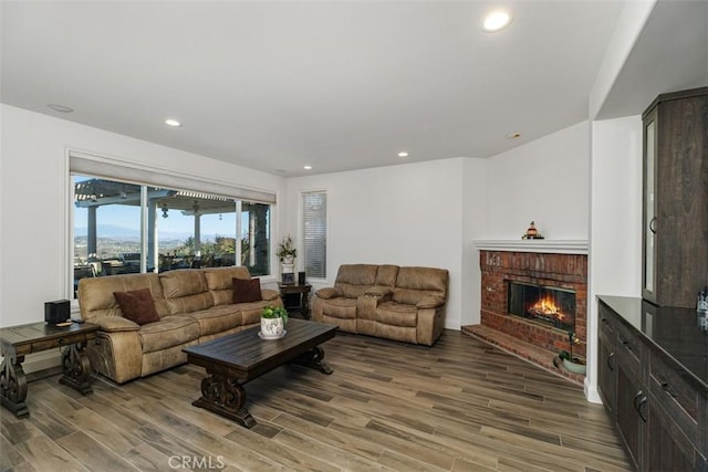 living room with a fireplace