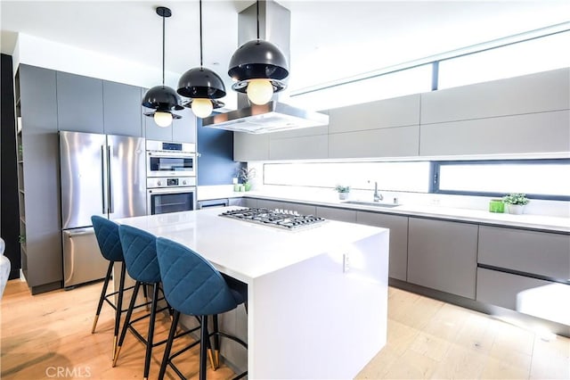 kitchen with appliances with stainless steel finishes, a center island, decorative light fixtures, sink, and ventilation hood