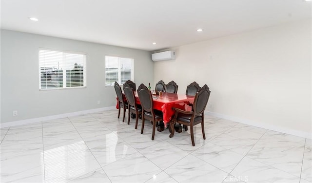 dining space featuring recessed lighting, marble finish floor, baseboards, and a wall mounted AC