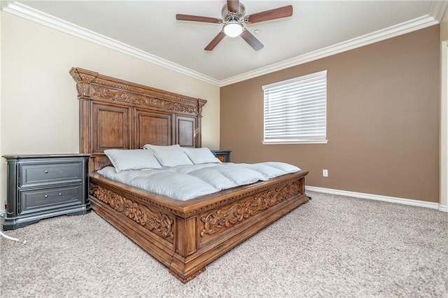 carpeted bedroom featuring ornamental molding and ceiling fan