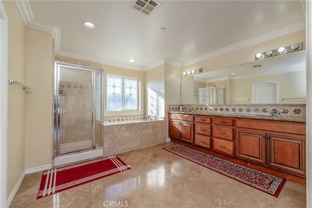 bathroom featuring plus walk in shower, crown molding, decorative backsplash, and vanity