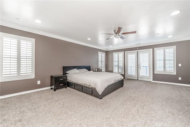 bedroom with ornamental molding, french doors, ceiling fan, and light carpet